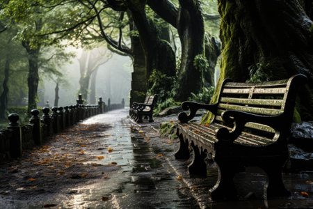 Empty Bench in forest after raining. Generative AIの素材