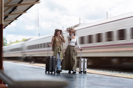 Young womans female traveler looking on map at train station. travel conceptの写真素材
