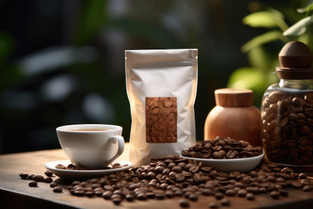 Coffee package show case on table at cafe. Generative AIの素材