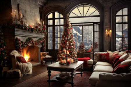 Christmas tree in living room with fireplace. Generative AIの素材
