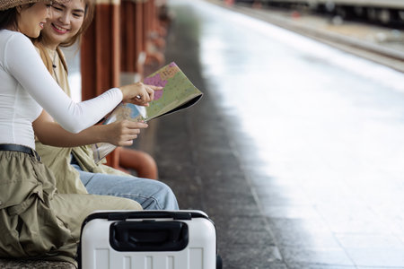 Young womans female traveler looking on map while waiting for the train at train stationの写真素材
