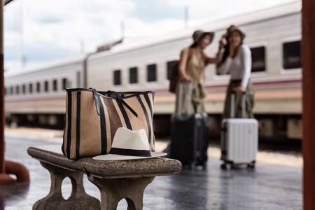 Hat and Bag at railway with passenger on background. travel concept