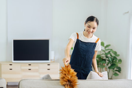 young female housekeeper taking up pillow dusting the couch in the cozy living room