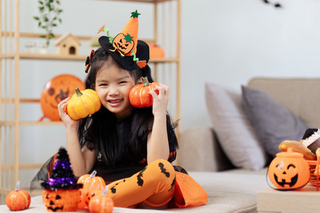 Happy smiling halloween girl having fun at home playing pumpkin bucket and looking at camera wearing Halloween costumeの写真素材