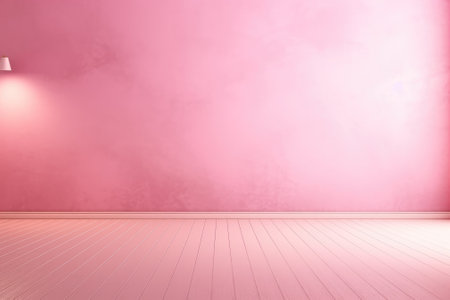 Empty pink and smooth floor with interesting light glare Background. interior advertising. Generative AI.の素材