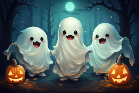 Mystery cute ghost with halloween background. Generative AIの素材