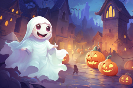 Mystery cute ghost with halloween background. Generative AIの素材