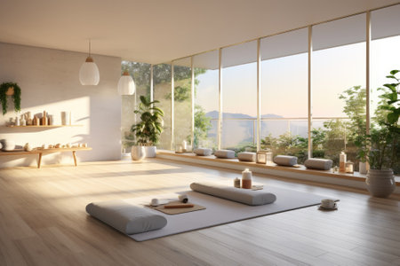 Yoga with mat lying on wood floor in a yoga studio. Generative AIの素材