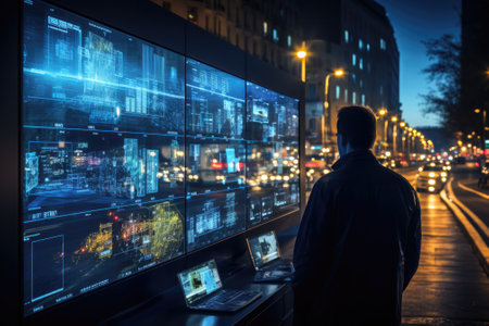 Abstract night cityscape background. Smart city, ai and digital transformation concept. Double exposureの素材