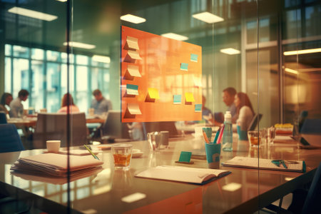 Empty office meeting room with sticky note on mirror. Generative AIの素材