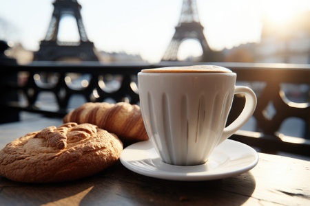 Morning coffee with mountain view. Generative AIの素材