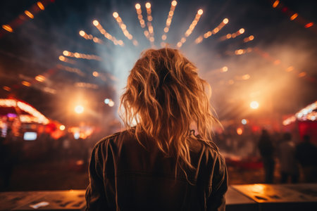 Woman at music festival with fire work. Generative AIの素材