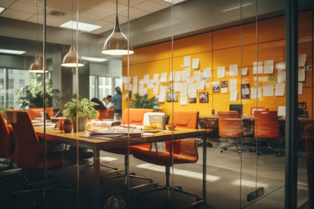 Empty office meeting room with sticky note on mirror. Generative AIの素材