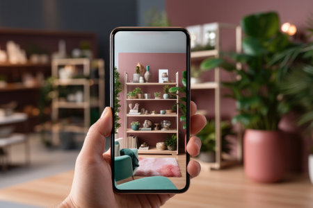 Mock up smart phone with blank screen with living room background for advertise. Generative AIの素材