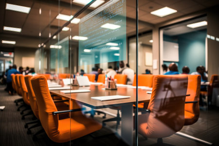 Empty office meeting room with sticky note on mirror. Generative AIの素材