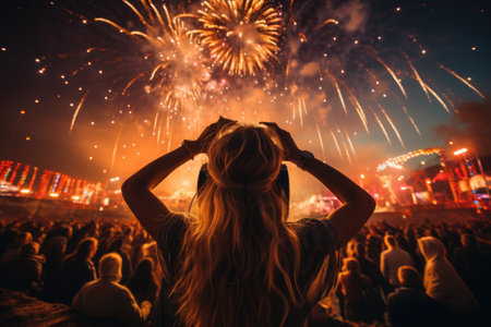 Woman at music festival with fire work. Generative AIの素材
