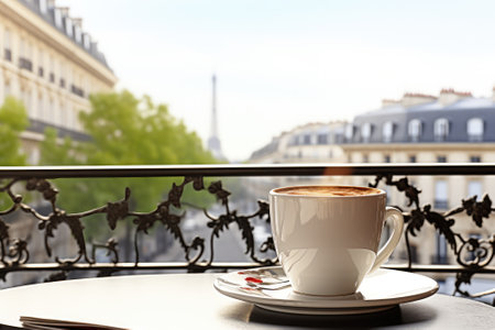 Morning coffee with mountain view. Generative AIの素材