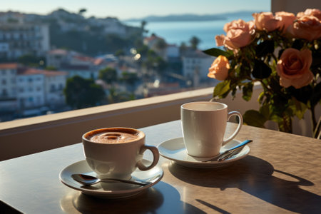 Morning coffee with mountain view. Generative AIの素材