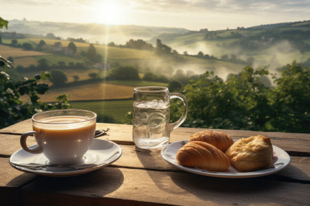 Morning coffee with mountain view. Generative AIの素材