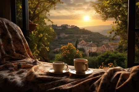 Morning coffee with mountain view. Generative AIの素材