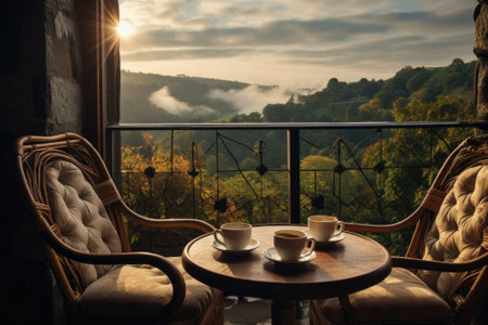Morning coffee with mountain view. Generative AIの素材