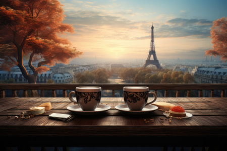 Morning coffee with mountain view. Generative AIの素材