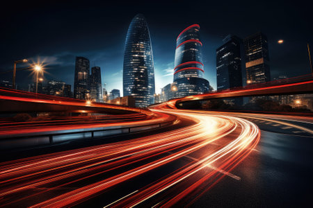 Abstract night cityscape background. Smart city, ai and digital transformation concept. Double exposureの素材