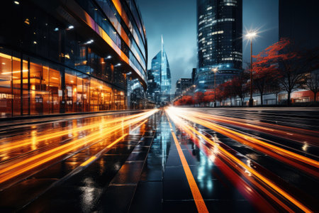 Abstract night cityscape background. Smart city, ai and digital transformation concept. Double exposureの素材