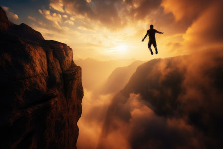 Silhouette Man jumping from cliff. Generative AIの素材