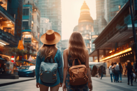 Woman backpacker travel in city. Generative AIの素材