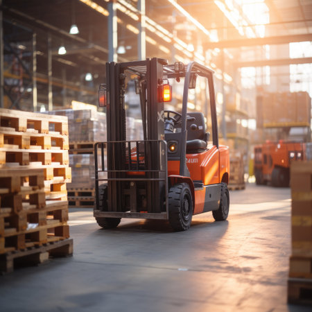 Forklift load pallets in big warehouse. Generative AIの素材