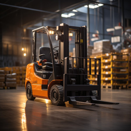 Forklift load pallets in big warehouse. Generative AIの素材