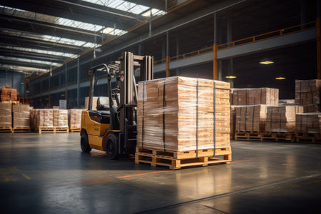 Forklift load pallets in big warehouse. Generative AIの素材
