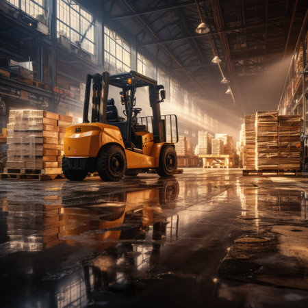 Forklift load pallets in big warehouse. Generative AIの素材