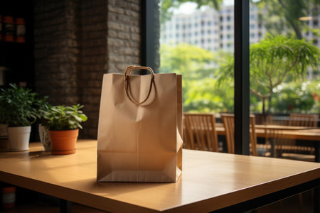 Paper bag on the desk with shopping mall background. black friday concept. Generative AIの素材