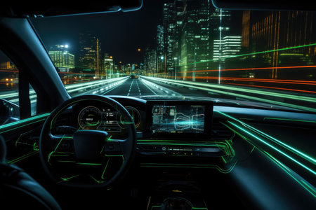 Car Cockpit HUD technology using AI artificial intelligence sensor to drive car without people driver. Generative AIの素材