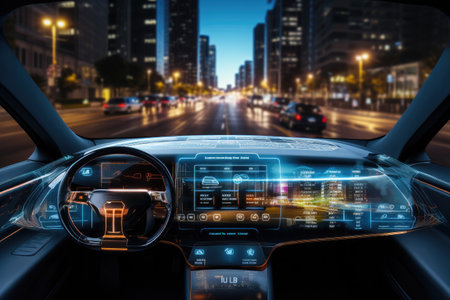 Car Cockpit HUD technology using AI artificial intelligence sensor to drive car without people driver. Generative AIの素材