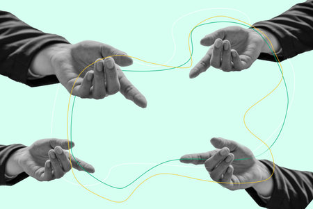 Contemporary art collage. four hands and rope connect four hands, teamwork, collaboration....