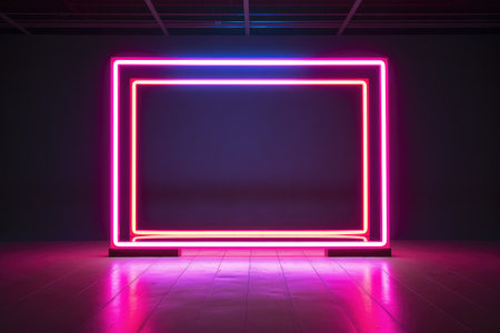 Abstract technology square space interface hologram elements neon lights. Generative AIの素材