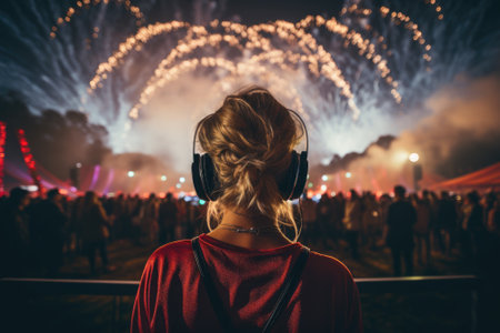 Woman at music festival with fire work. Generative AIの素材