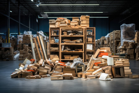 Product shelf at warehouse store. boxes are lying in a pile. Generative AIの素材