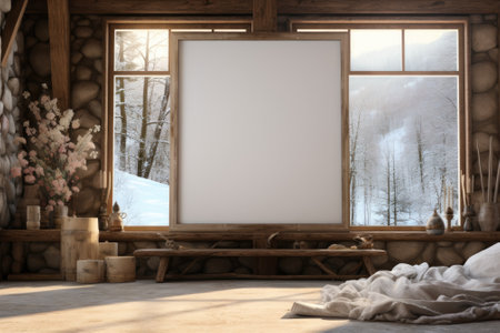 Mock up poster blank frame in wooden house. Generative AIの素材