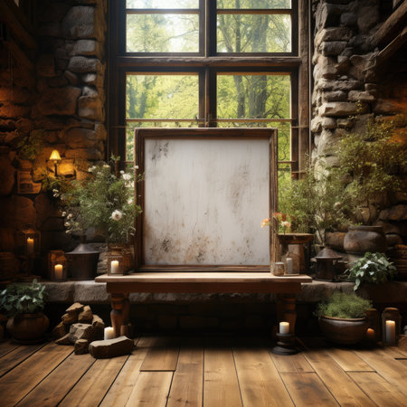 Mock up poster blank frame in wooden house. Generative AIの素材