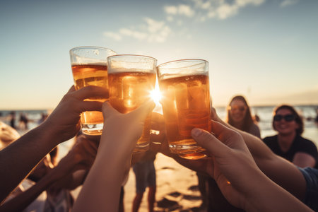 Young group party people toast with beer on the beach. Generative AIの素材