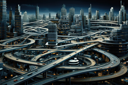 Abstract night cityscape background. Smart city, ai and digital transformation concept. Generative AIの素材