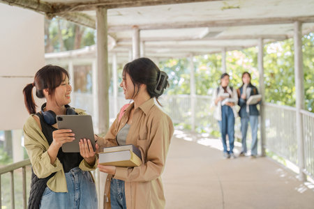 university students using a digital tablet while walking to next classの写真素材