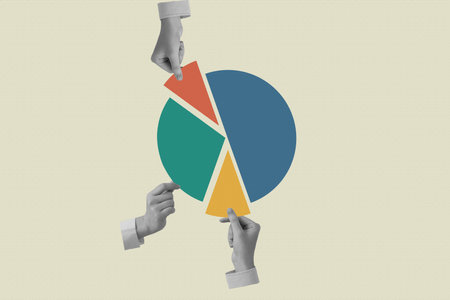 Composite collage image of three people collaboration arm finger black white effect hold chart pieceの写真素材