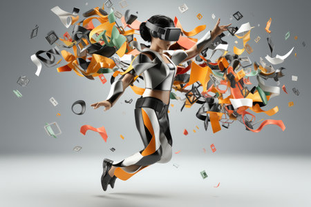 A boy wearing VR headset user, surreal world and smart glasses futuristic technology. Generative AIの素材