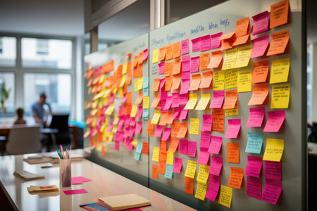 Brainstorming text on sticky note stick on board in meeting room. Generative AIの素材