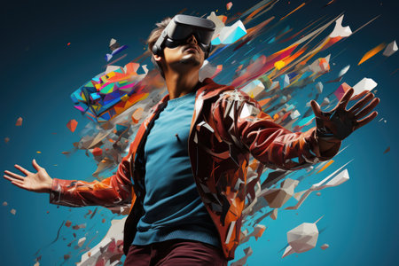 A boy wearing VR headset user, surreal world and smart glasses futuristic technology. Generative AIの素材